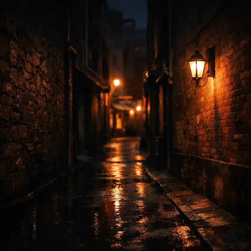 Warm wall lamp illuminating an atmospheric evening laneway