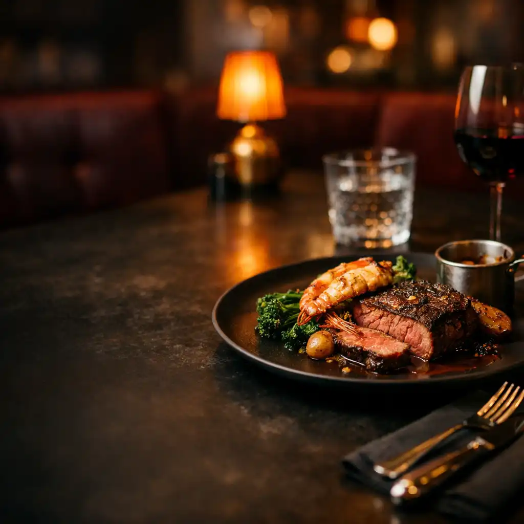 Grilled plate set on a dark table in a warmly lit dining room