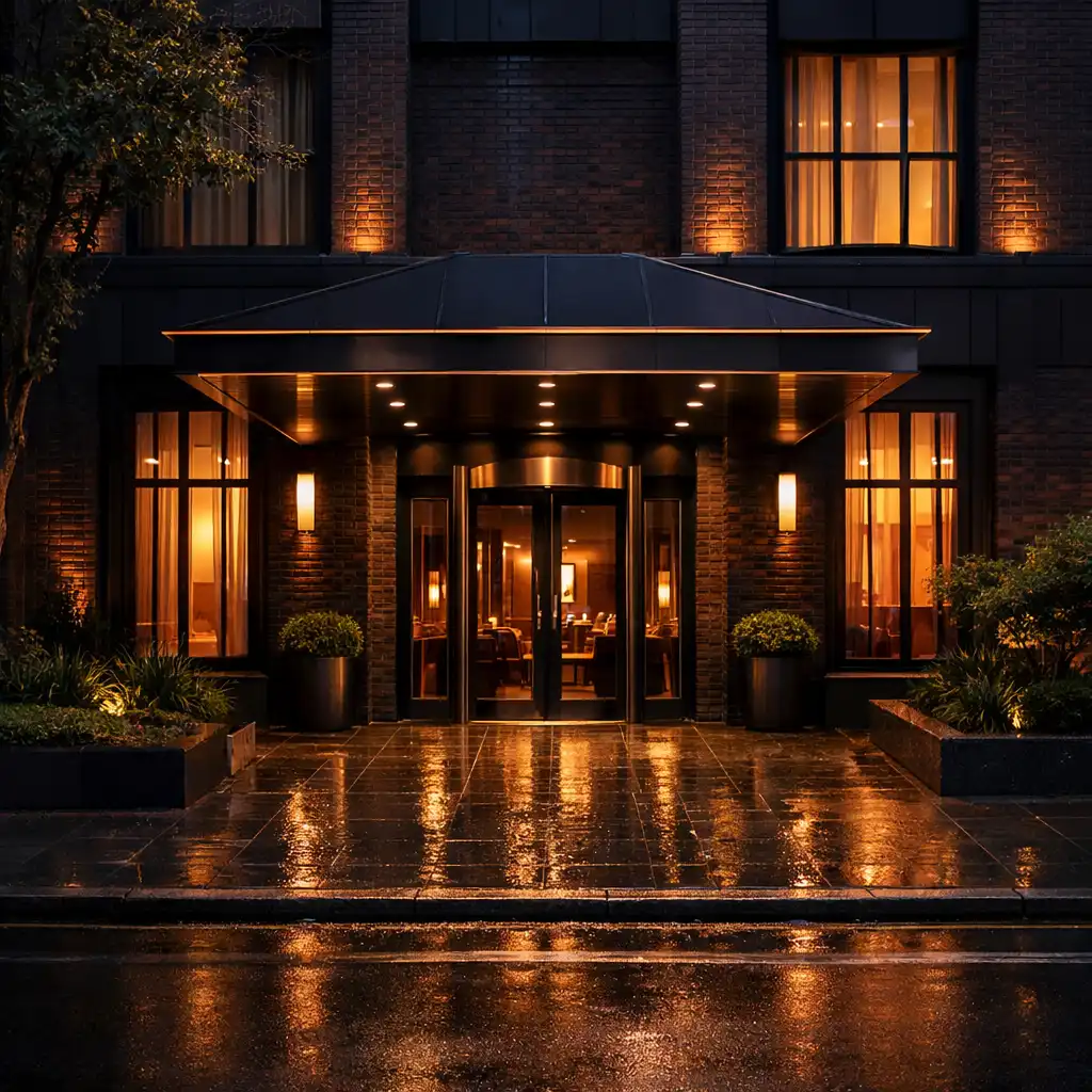 Warmly lit hotel entrance on an Adelaide street at dusk