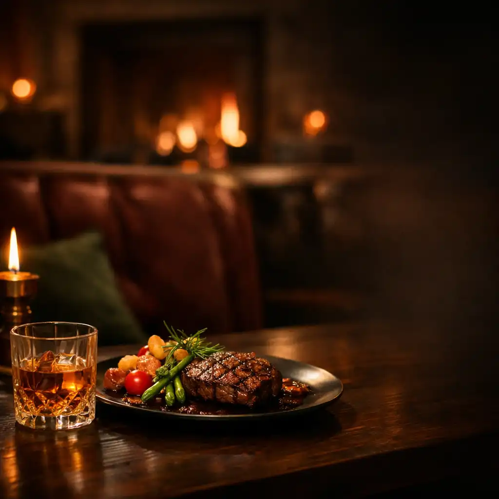 Grilled dish and whiskey glass in a warm hotel dining and lounge setting