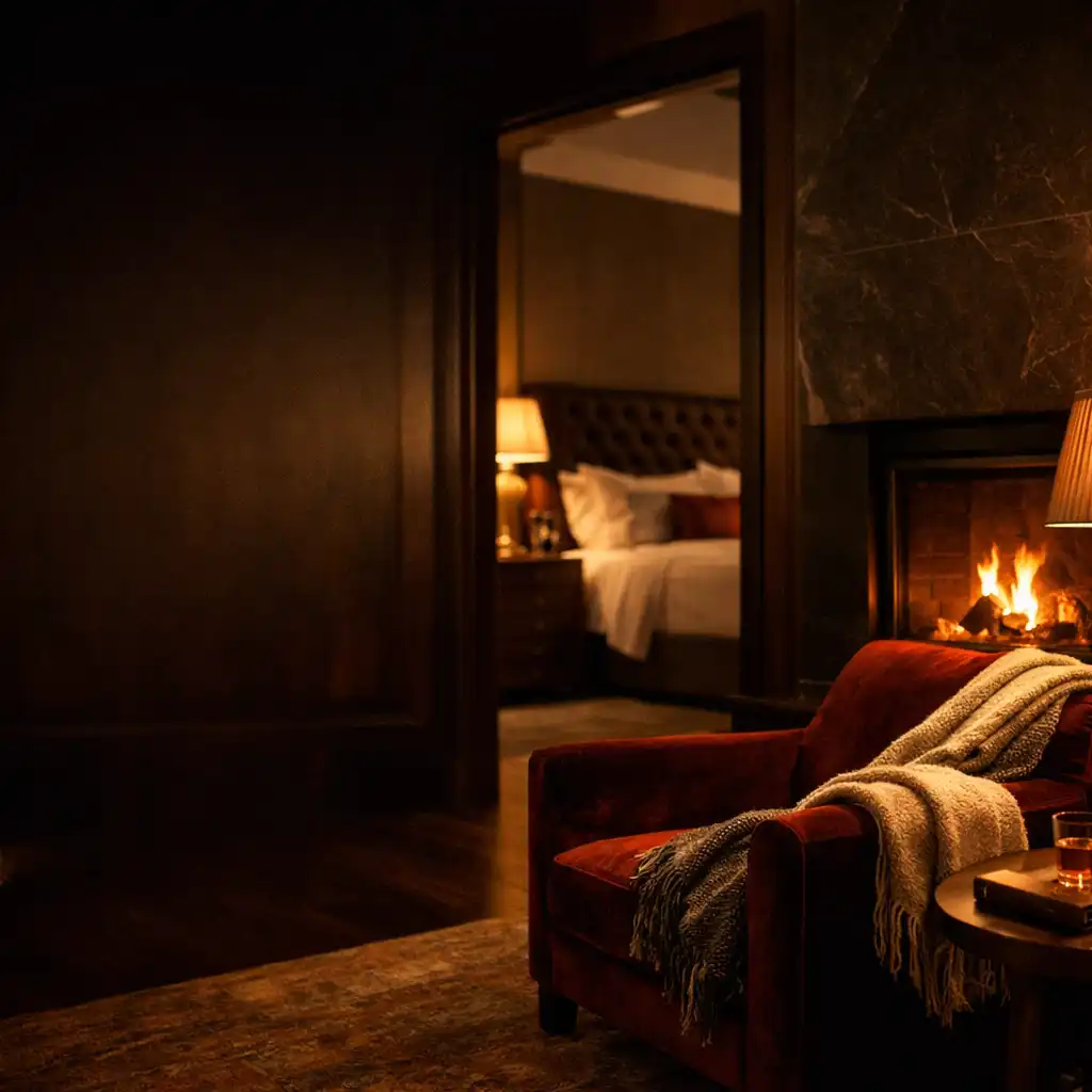 Warm fireside hotel suite with a velvet chair and bronze lamp