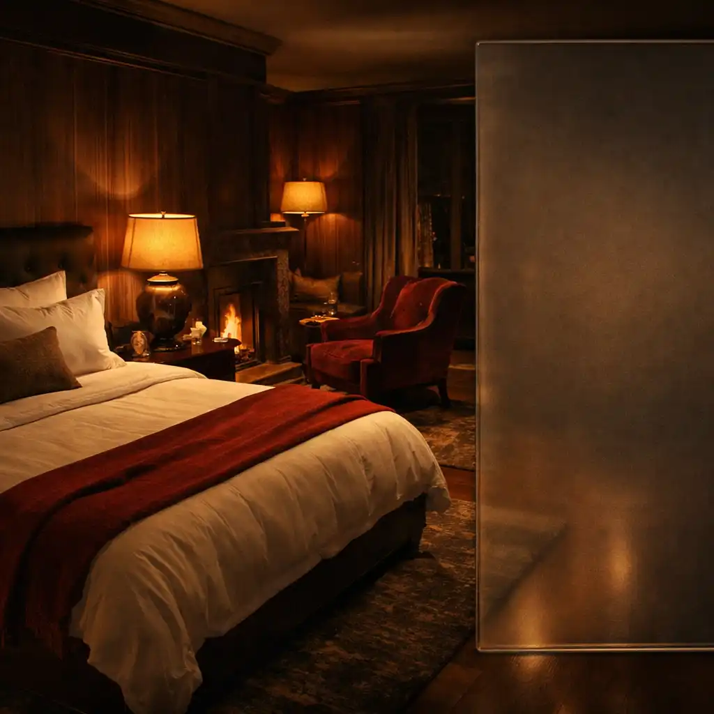 Dark hotel suite at night with tailored bedding, velvet chair and warm bedside light