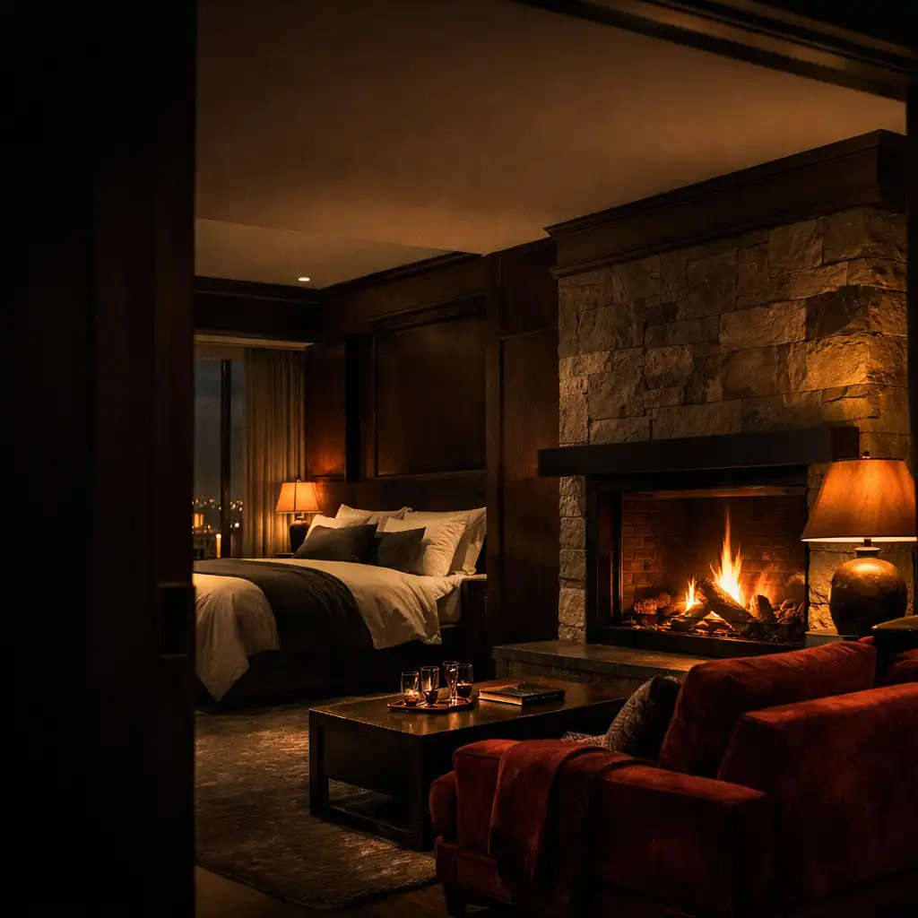 Warmly lit suite interior with fireplace glow and velvet seating