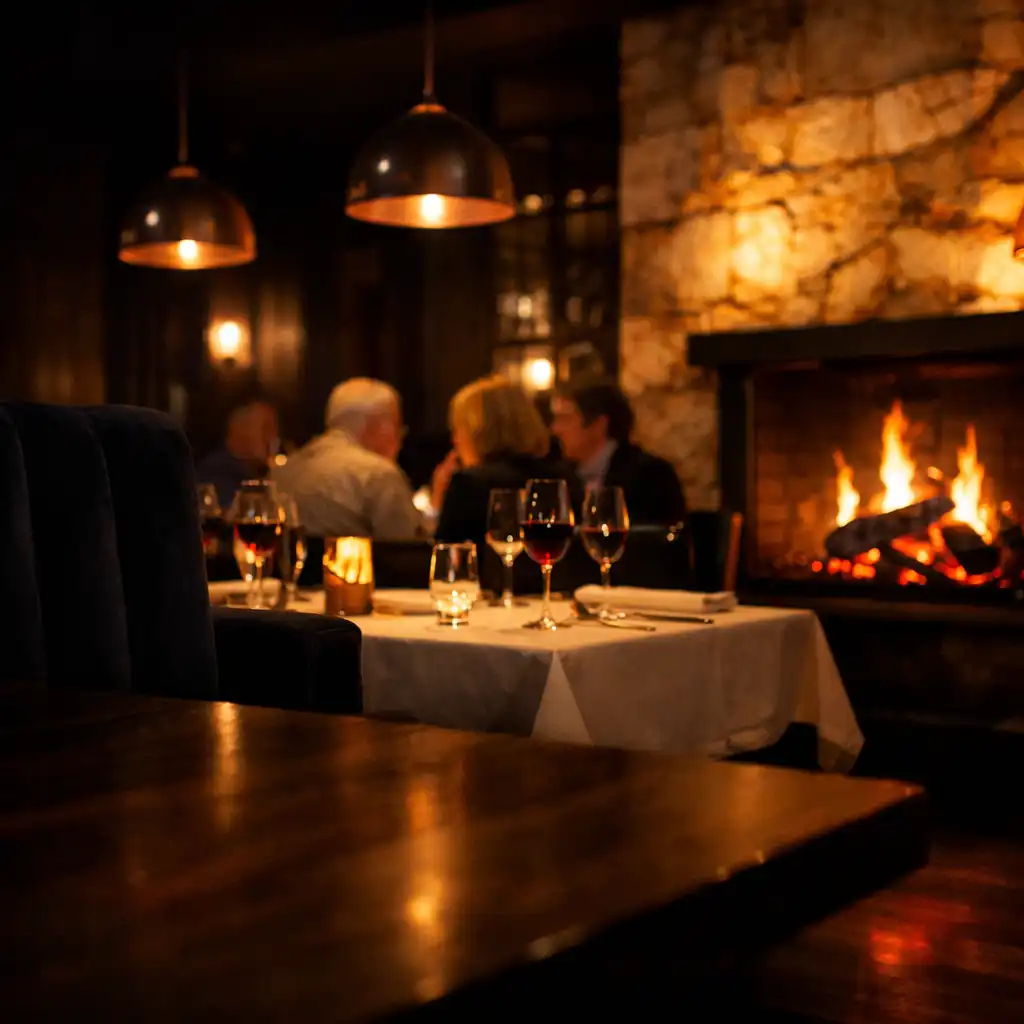 Firelit tables and a glowing fireplace in the Fireside Dining room