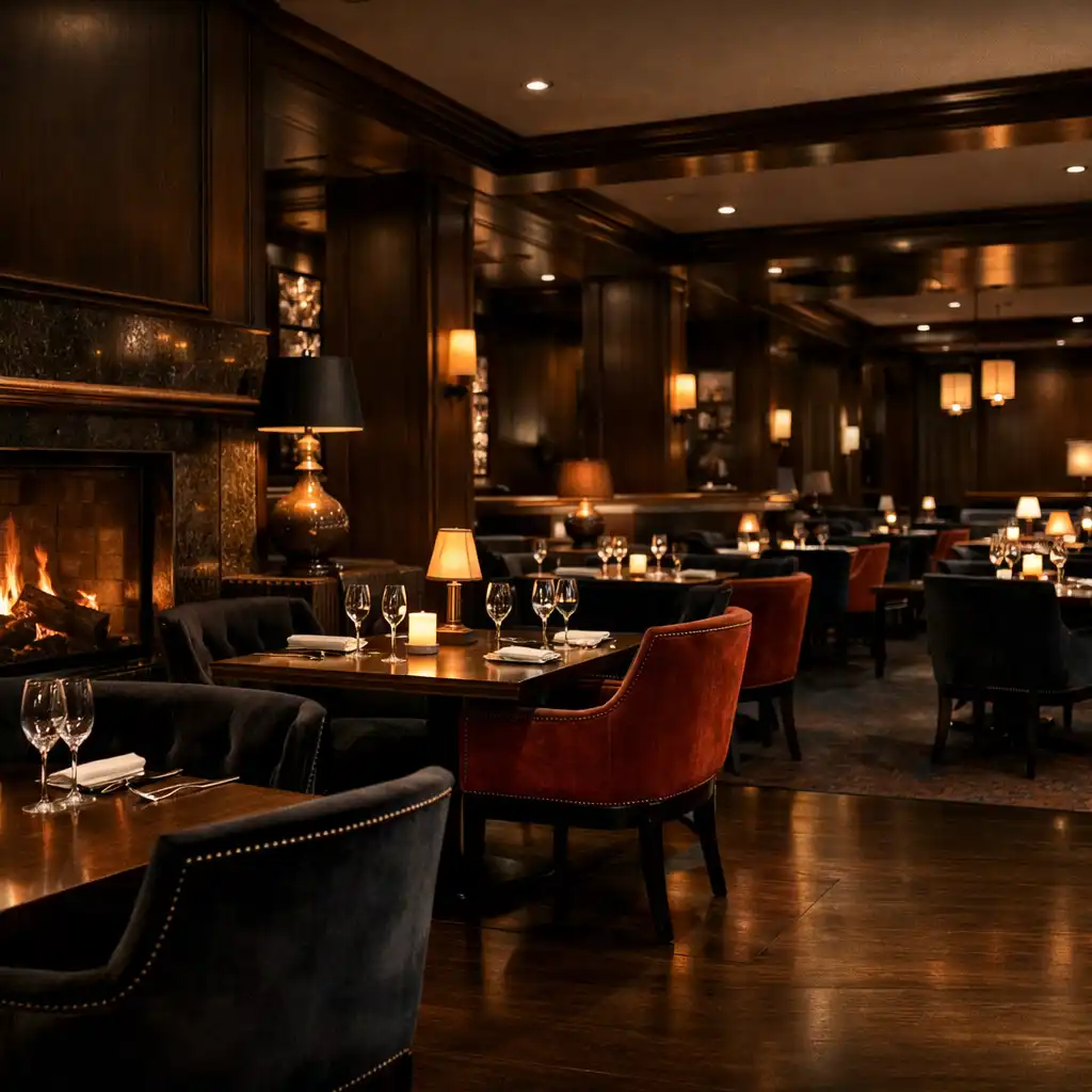 Sit-down tables in the on-site fireside restaurant dining room