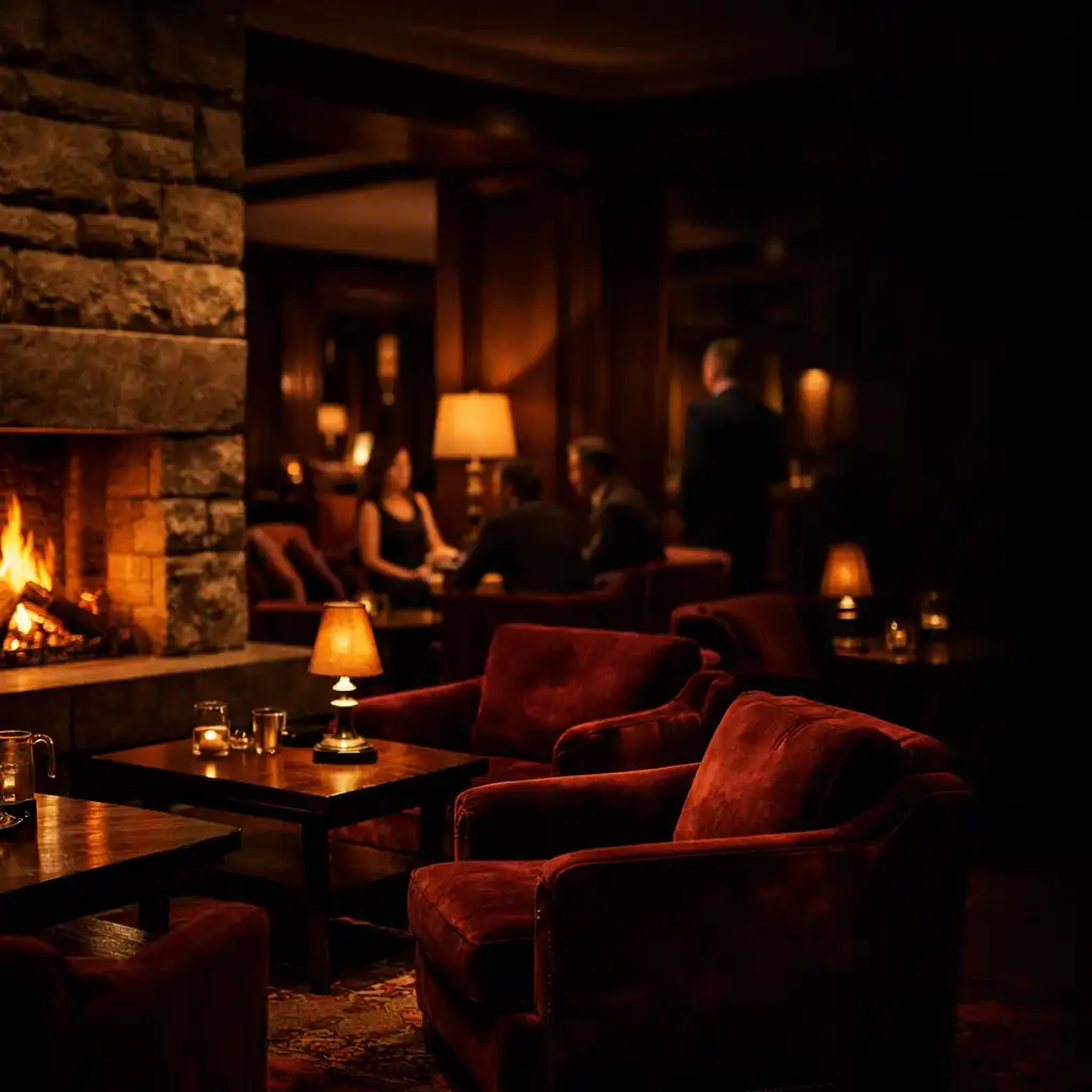 Firelit velvet lounge seating inside Royalembercasino Resort & Hotel