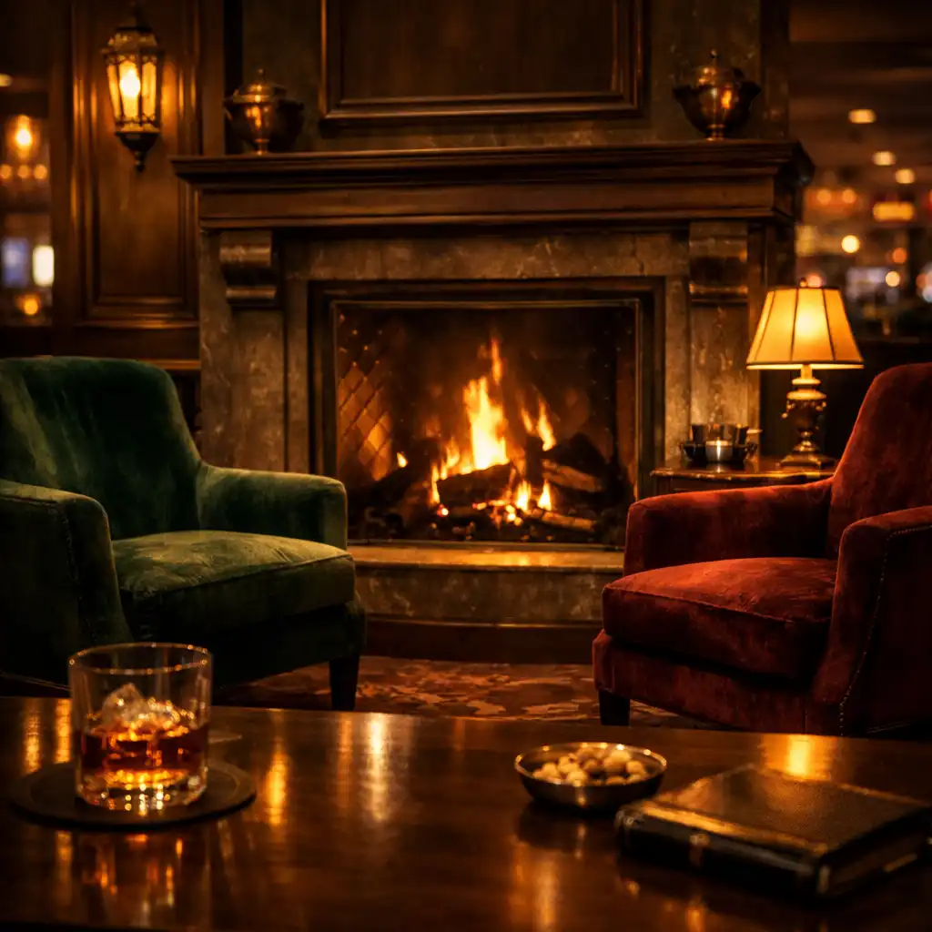Fireside lounge with velvet chairs and warm fireplace glow
