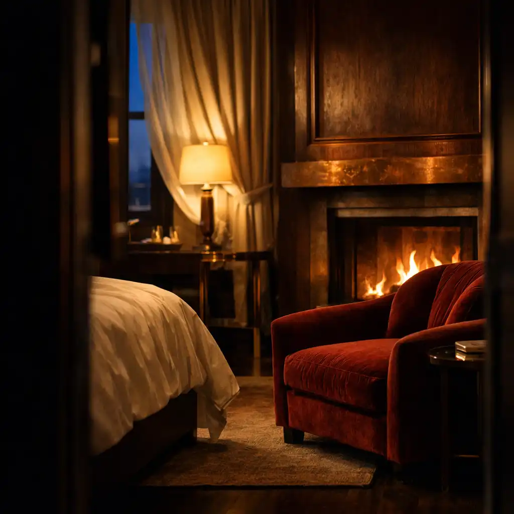 Warmly lit hotel suite with a velvet chair and fireside glow