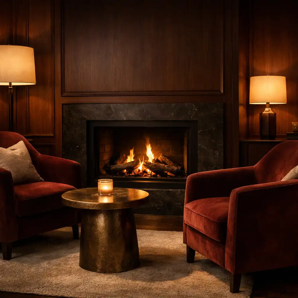 Fireside suite interior with burgundy velvet chairs and dark timber