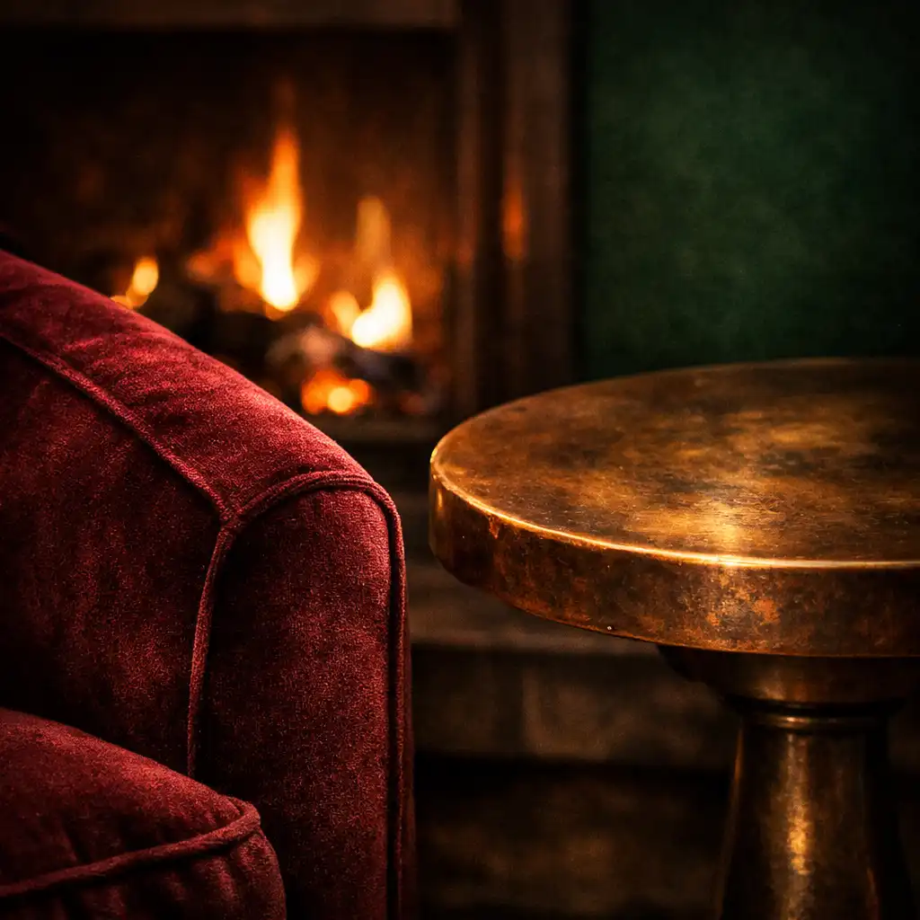 Burgundy velvet chair, bronze table and soft fireside glow