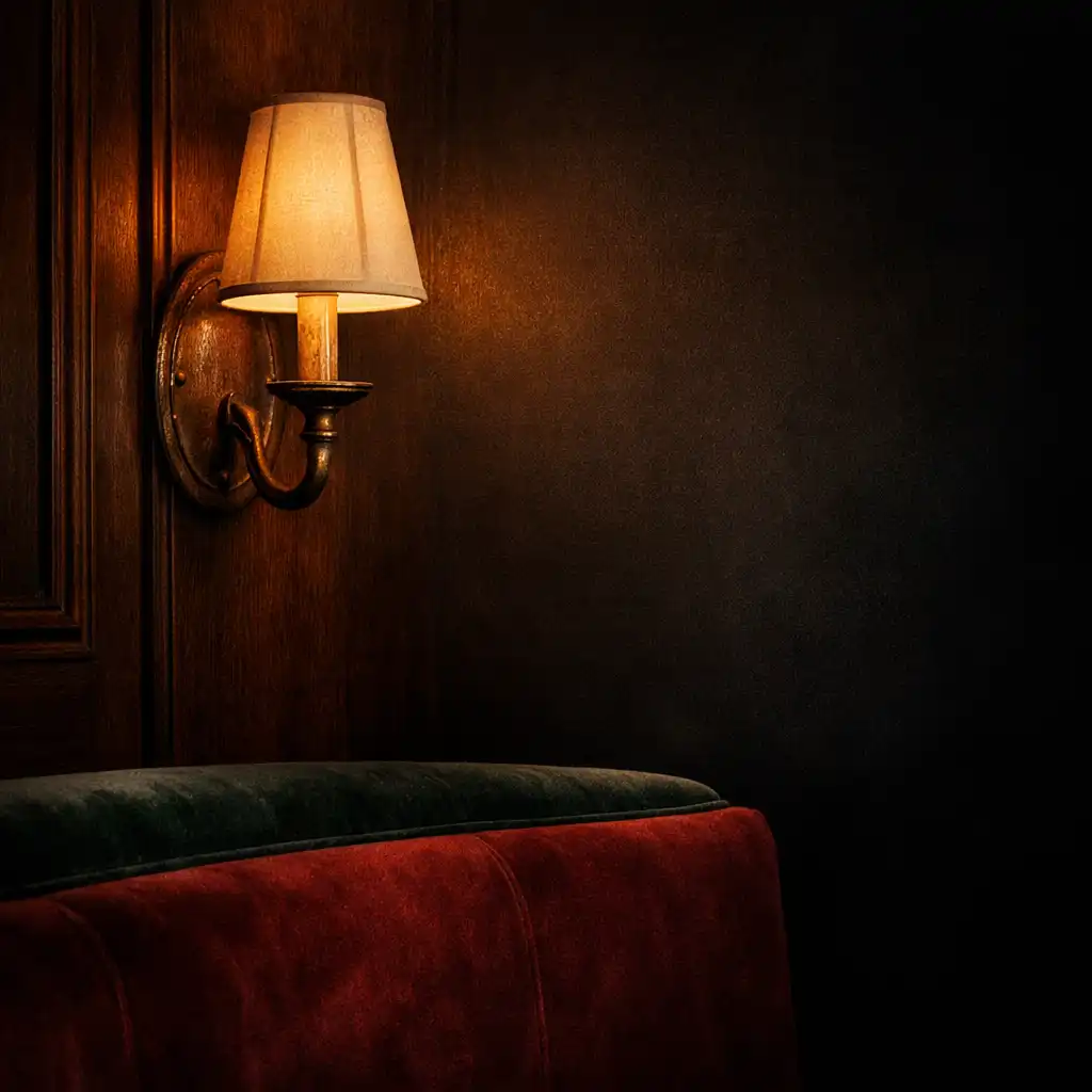 Aged bronze wall light above velvet seating and dark timber panelling