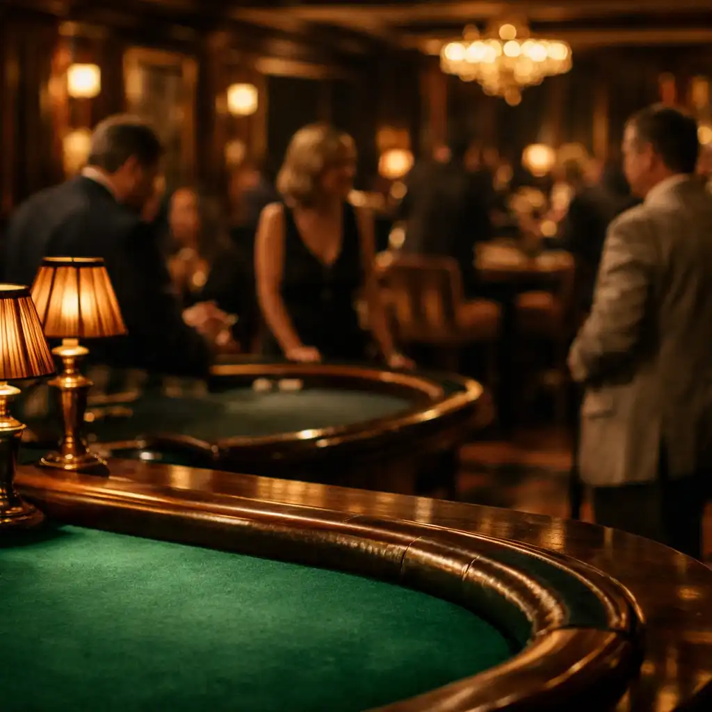 Physical casino-floor atmosphere with emerald felt edge and warm bronze lamps