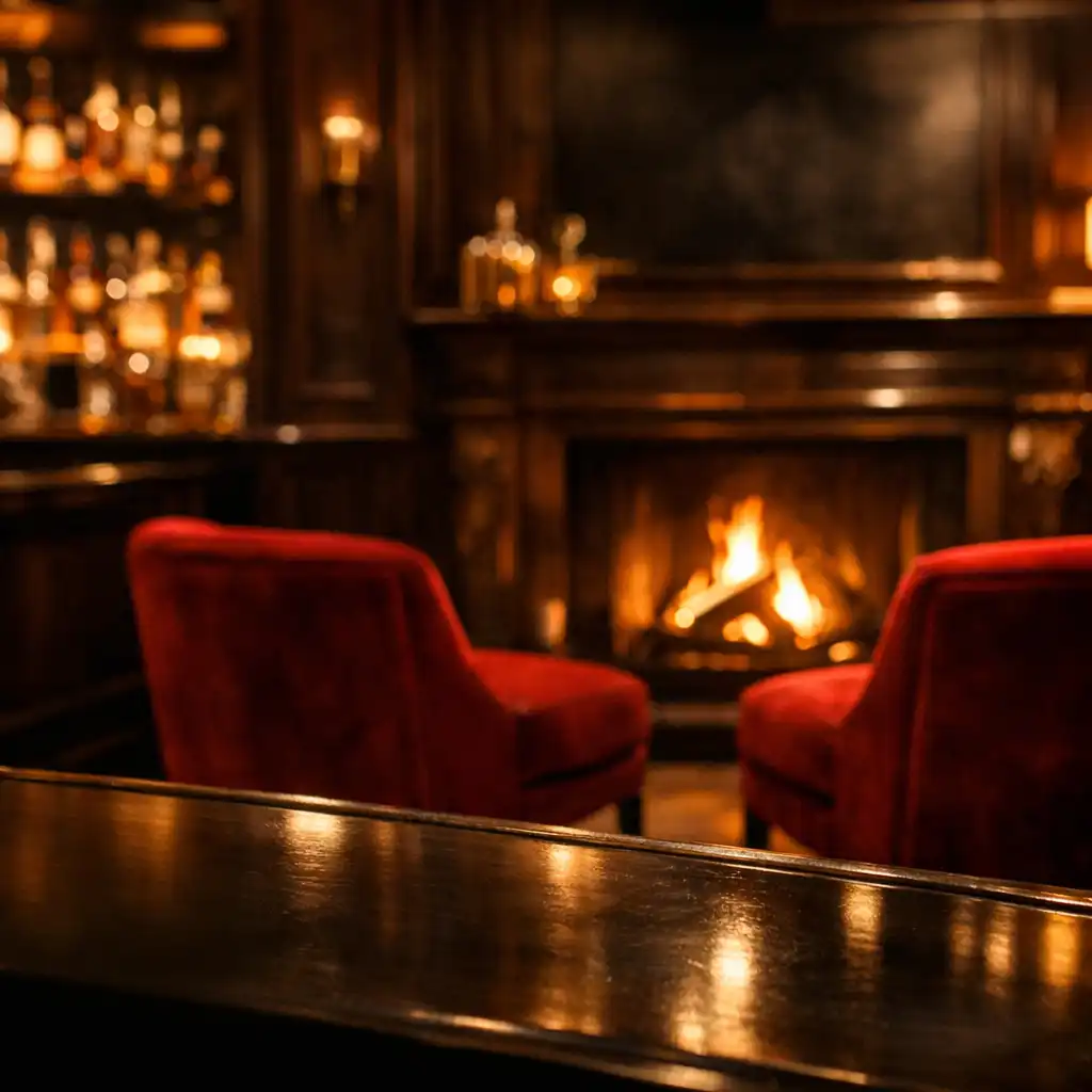 Elegant fireside whiskey-bar lounge with crimson velvet chairs and amber light