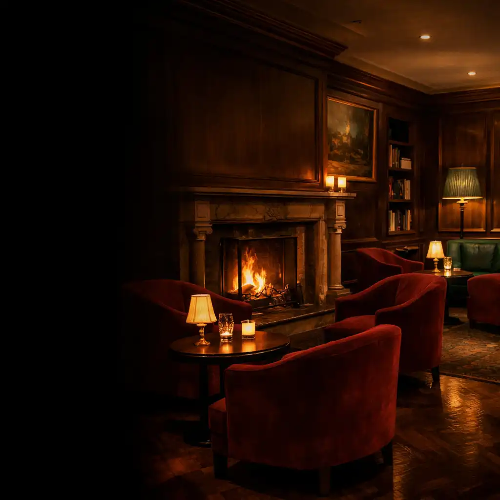 Firelit hotel lounge with deep velvet seating and warm bronze lighting