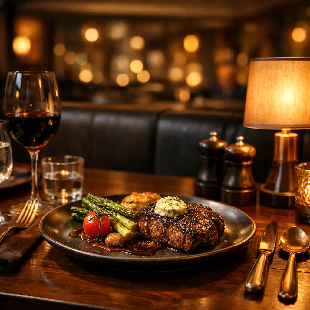 Evening steakhouse table with plated grill dining and warm dining-room light