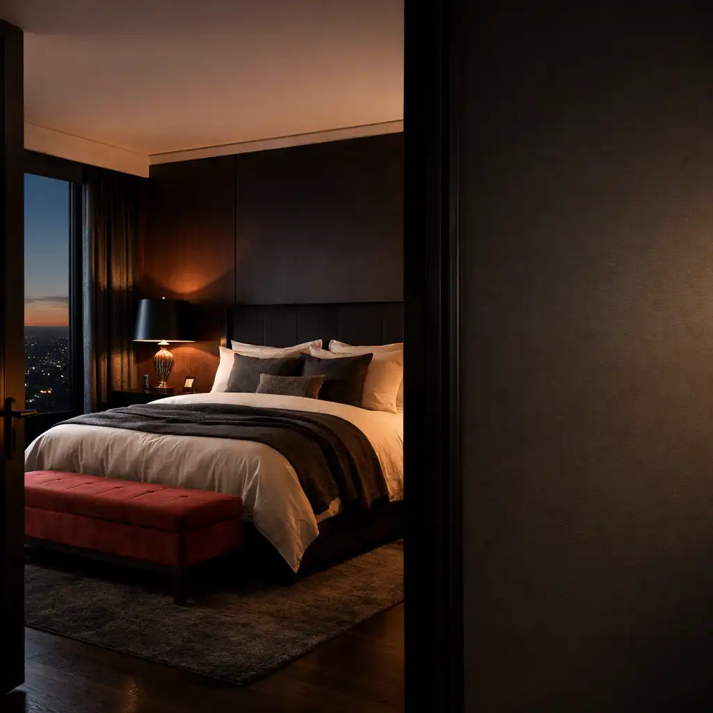 Plush hotel suite bedroom with warm bedside lamps and dark timber
