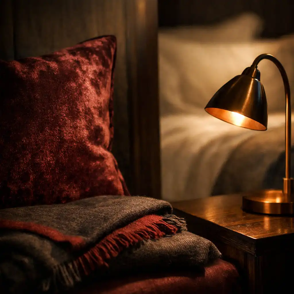 Velvet cushion and bronze reading lamp in a hotel room