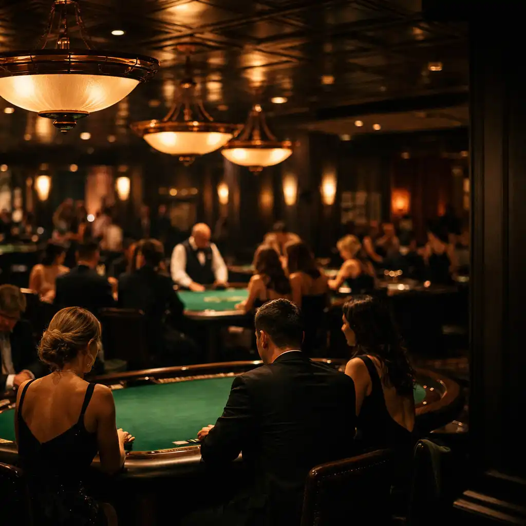 Warmly lit physical casino floor with emerald felt surfaces and bronze fixtures