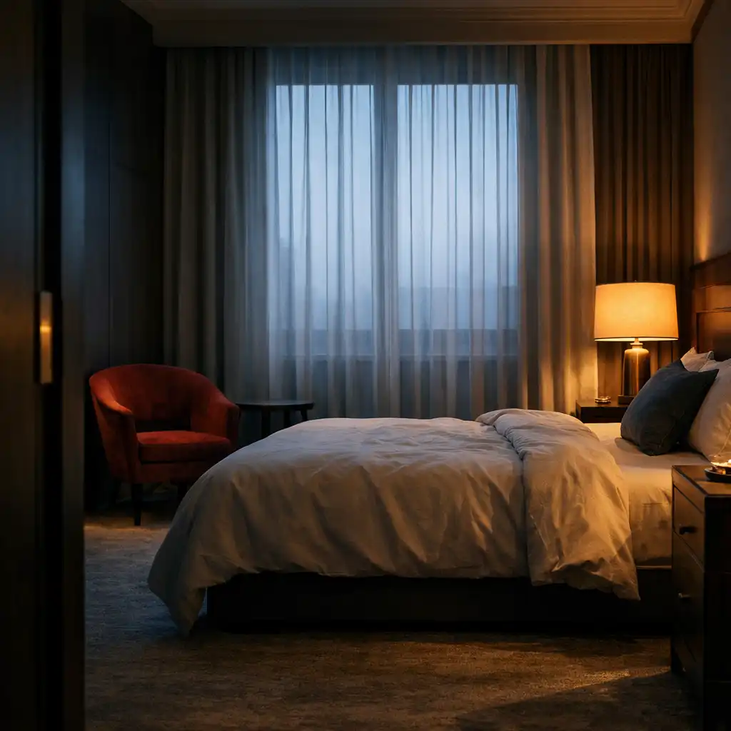 Quiet hotel room with plush bed and soft morning light