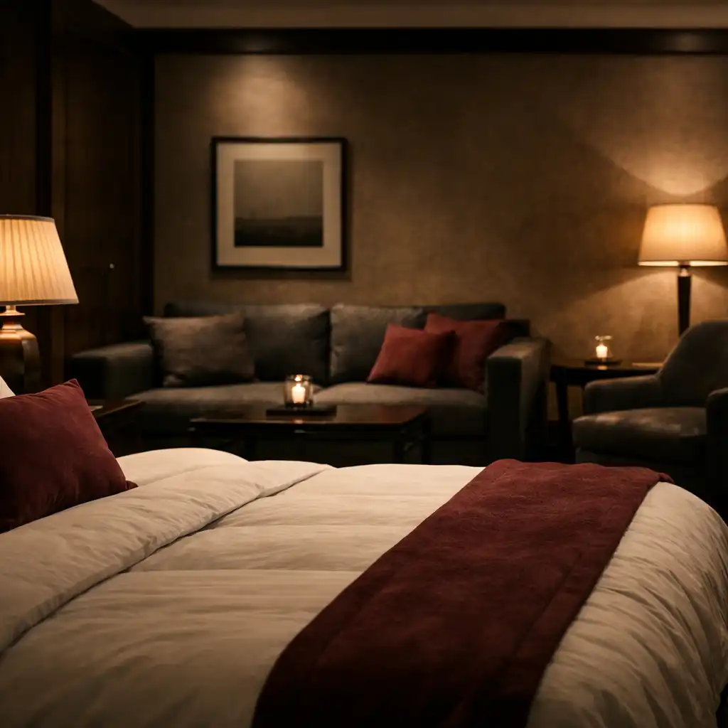 Plush hotel room with layered bedding, bronze lamps and dark wood detailing