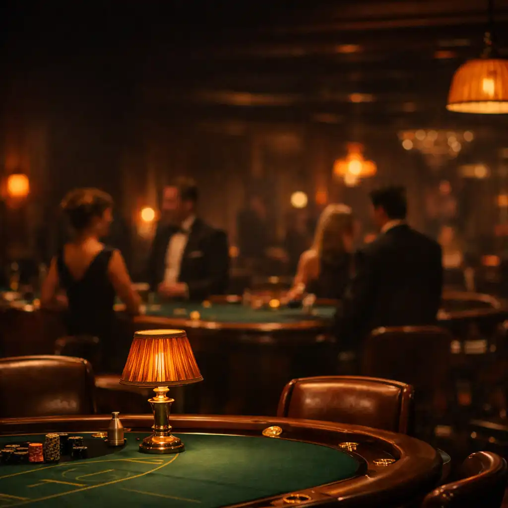Atmospheric physical casino floor with emerald felt and bronze lighting