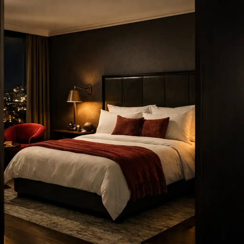 Warmly lit plush hotel suite with dark wood and a velvet chair