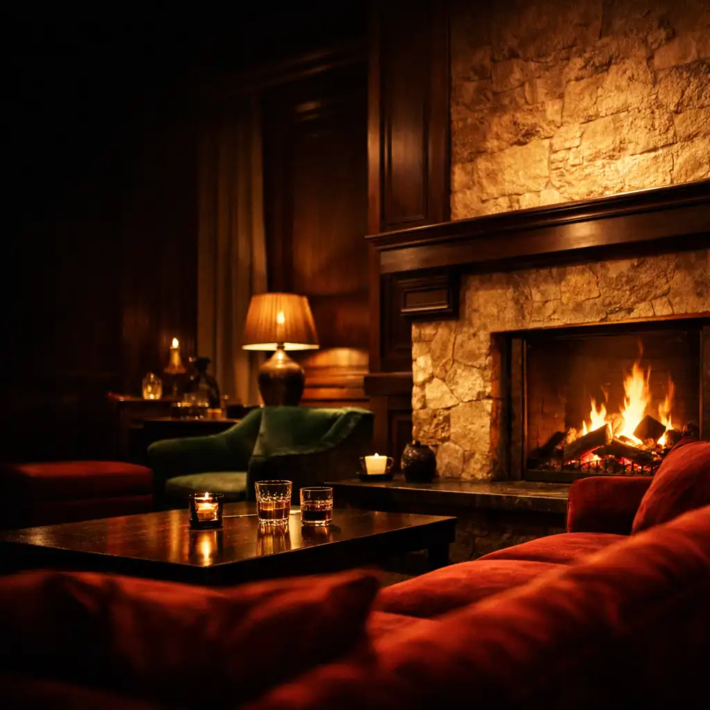 Fireside lounge with velvet seating and warm bronze lighting