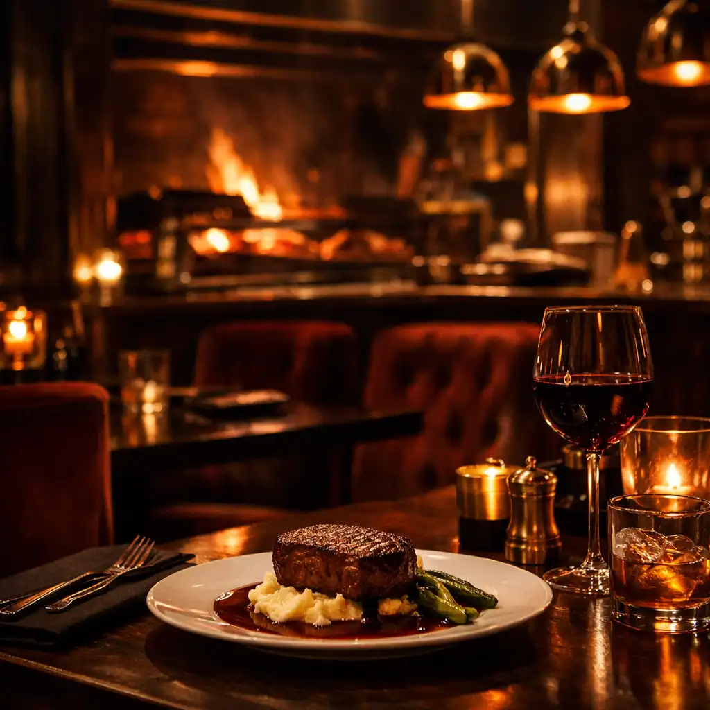 Warm steakhouse restaurant dining room with a set table