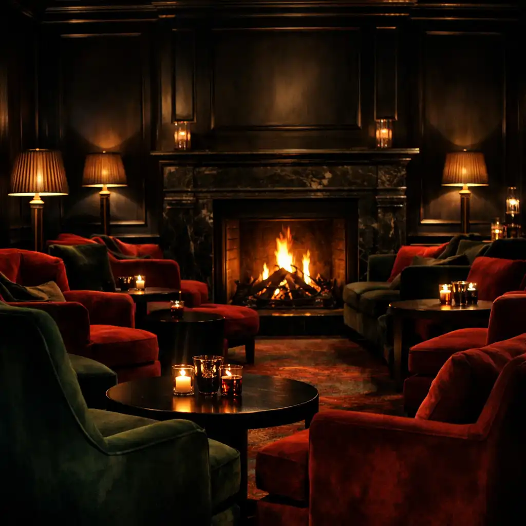 Fireside hotel lounge with velvet chairs and a glowing fireplace