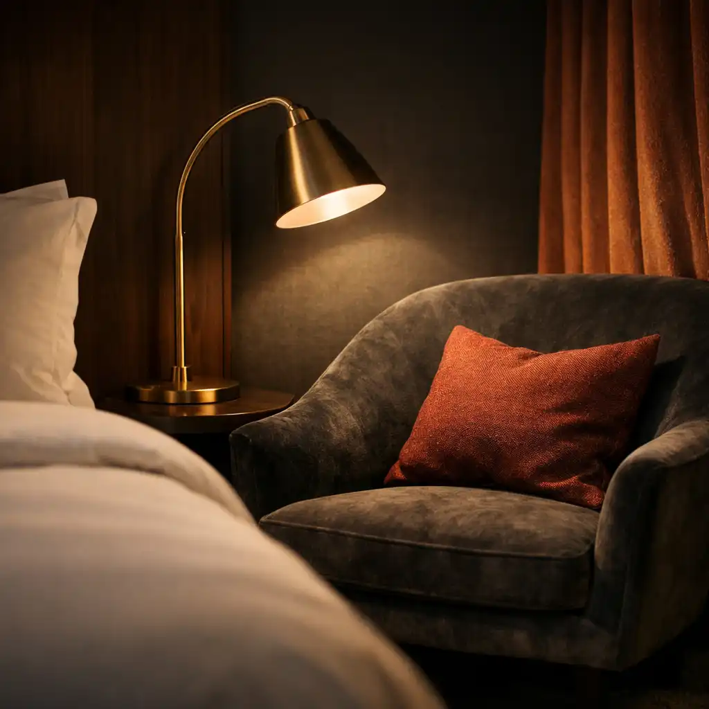 Plush hotel room corner with velvet chair and bronze reading lamp