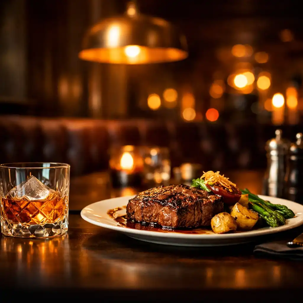 Grill-led dinner and whiskey glass in the steakhouse restaurant