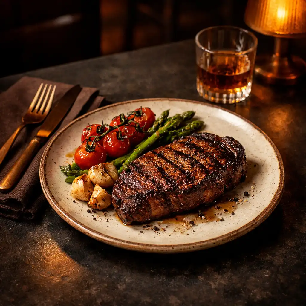 Grilled plate on a charcoal table with bronze cutlery