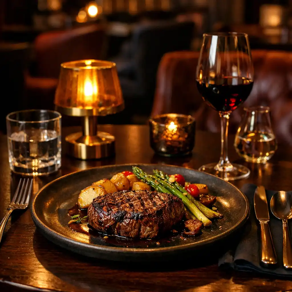 Evening steakhouse table with plated grilled dish and warm lamp light