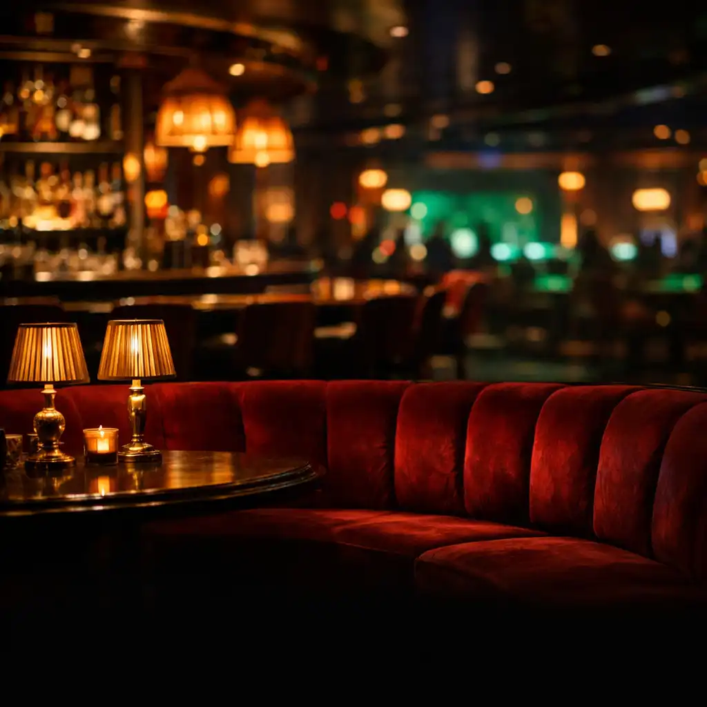 Velvet lounge seating and softly lit bar atmosphere at night