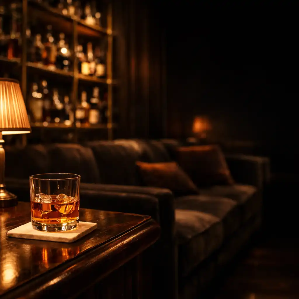 Intimate hotel whiskey bar with amber lamp, dark timber and velvet seating