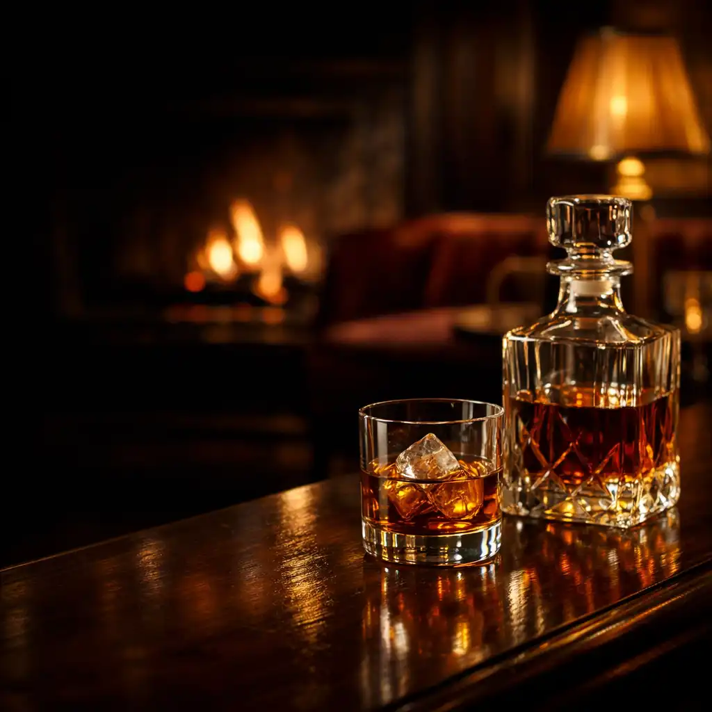 Amber whiskey glass and decanter on a dark timber bar beside warm firelight